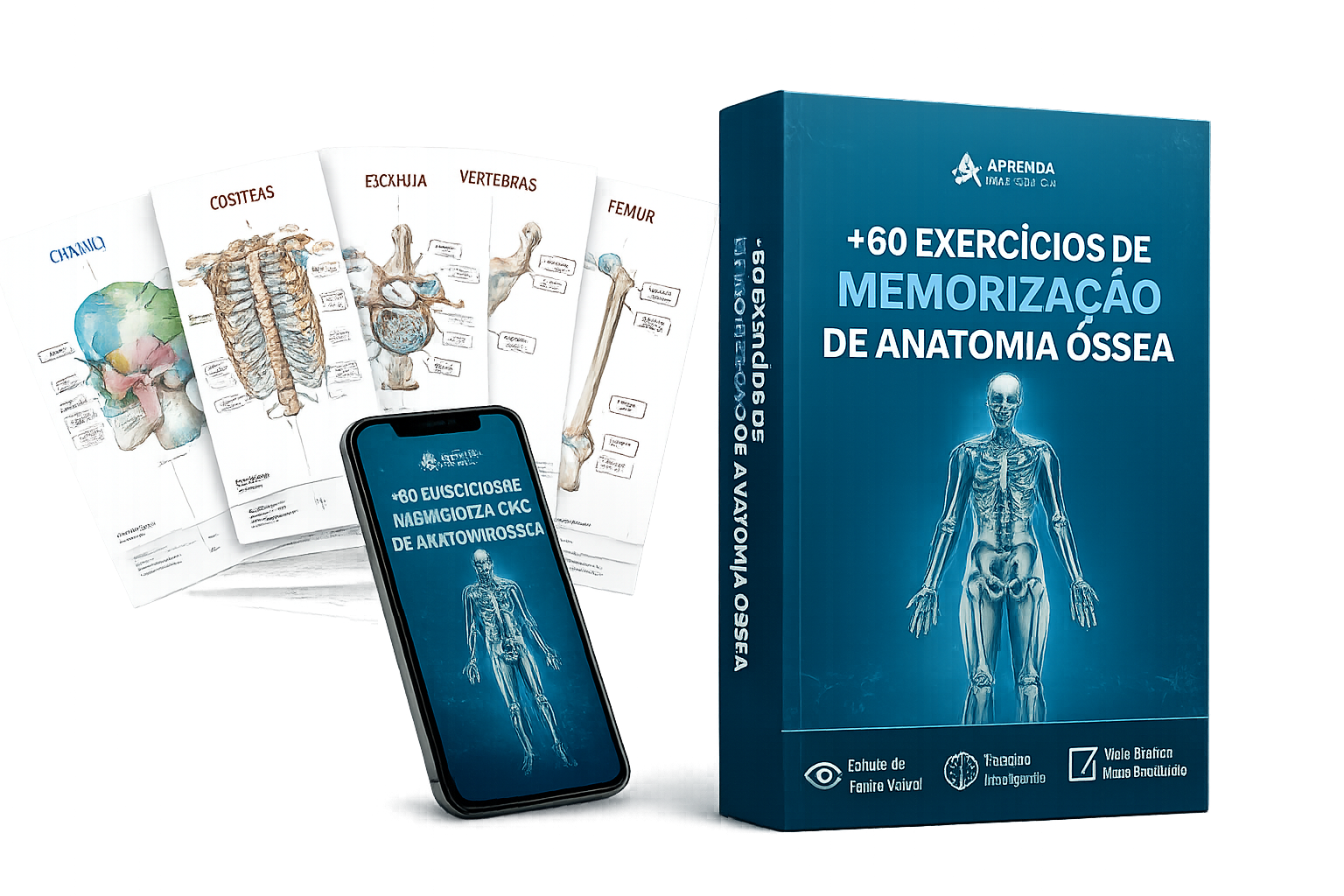 Mockup do Kit de Exercícios de Anatomia Óssea com páginas de crânio, costelas, vértebras e fêmur